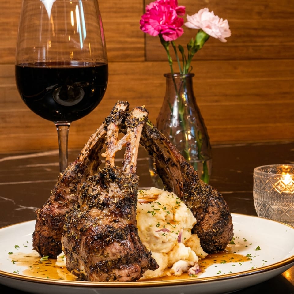 Grilled lamb chops served with mashed potatoes on a plate beside red wine, flowers, and a candlelit table.