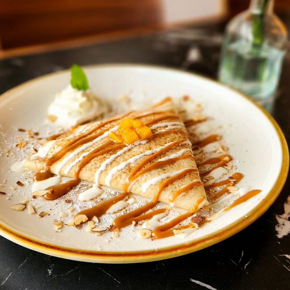 Folded crepe drizzled with caramel and cream, topped with fruit, powdered sugar, almonds, and ice cream on a plate.