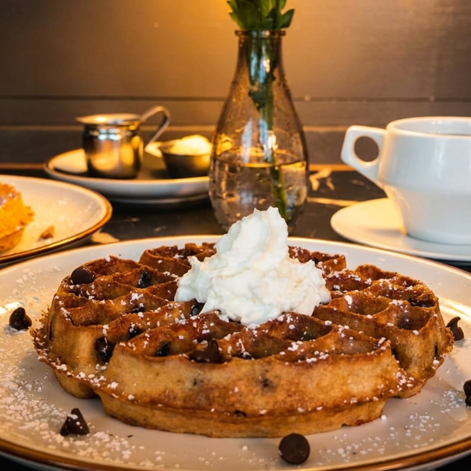 Chocolate chip waffle topped with whipped cream and powdered sugar, served beside coffee and pastries in a warmly lit café.
