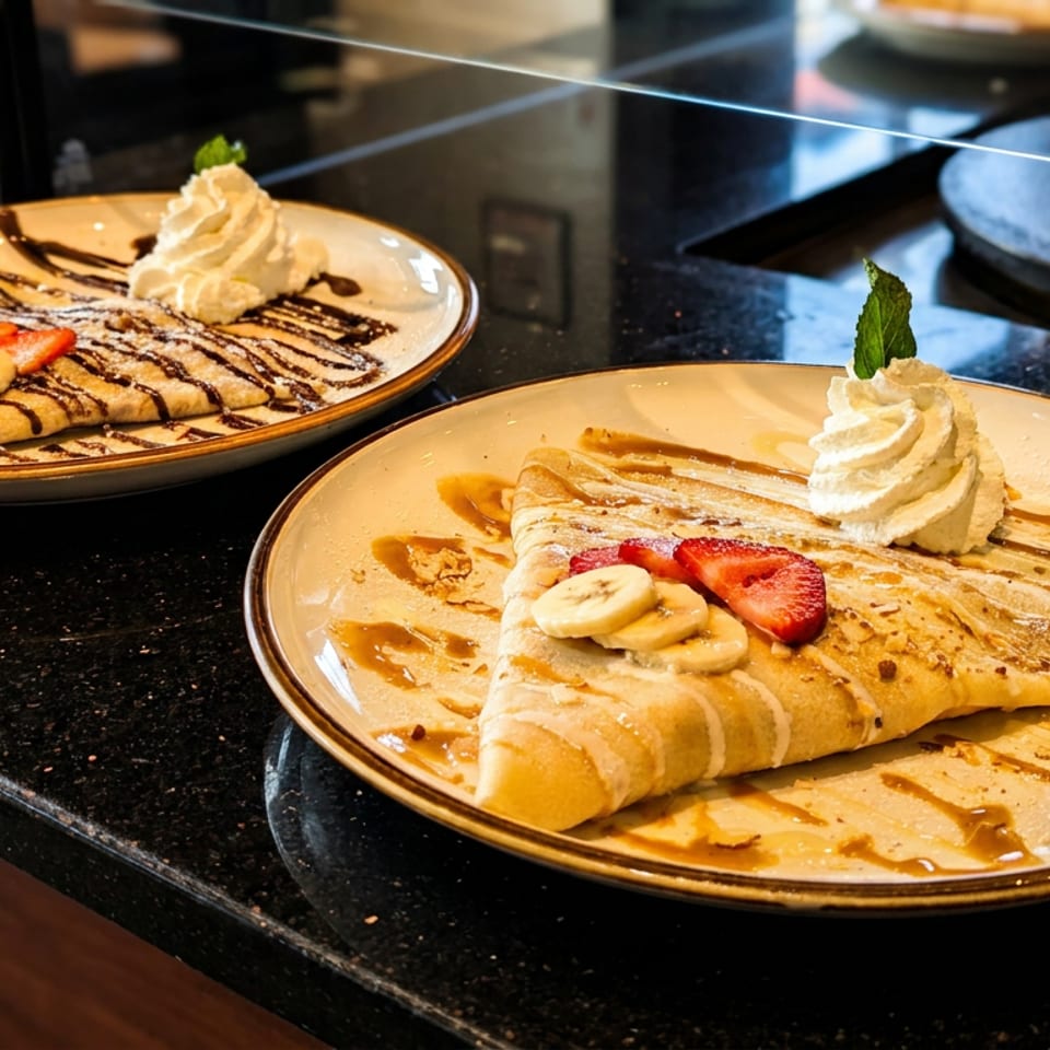 Two dessert crepes topped with bananas, strawberries, whipped cream, chocolate drizzle, and caramel sauce on plates.