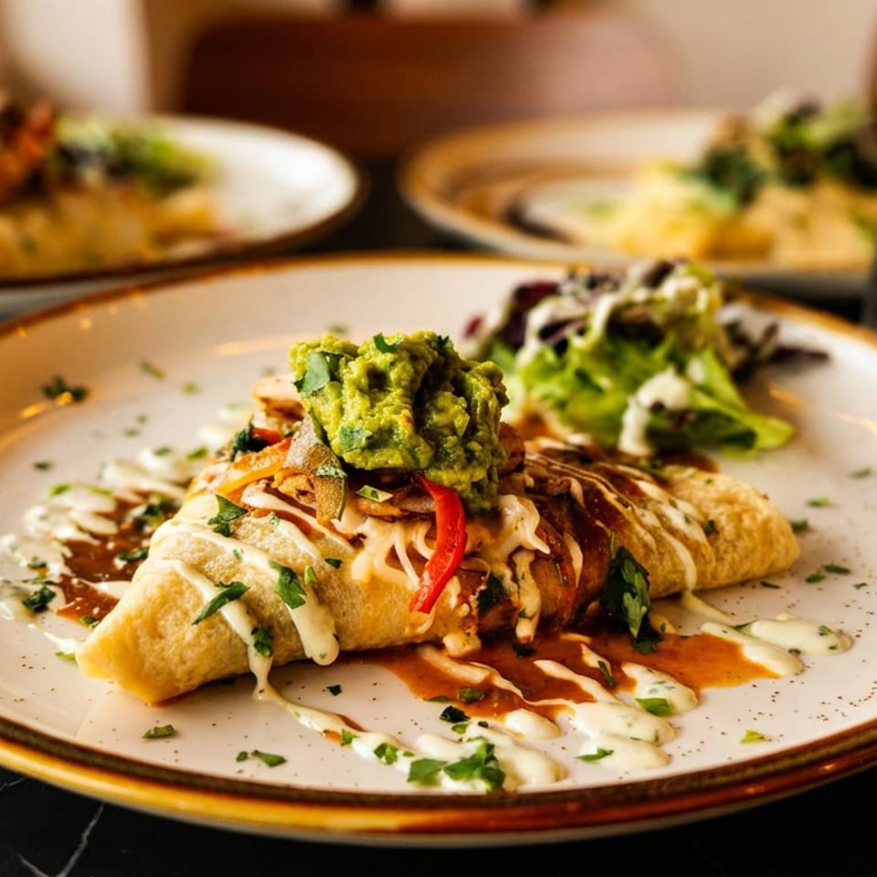 Crispy burrito topped with guacamole, cheese, peppers, and sauces on a ceramic plate, with additional dishes and water in the background.