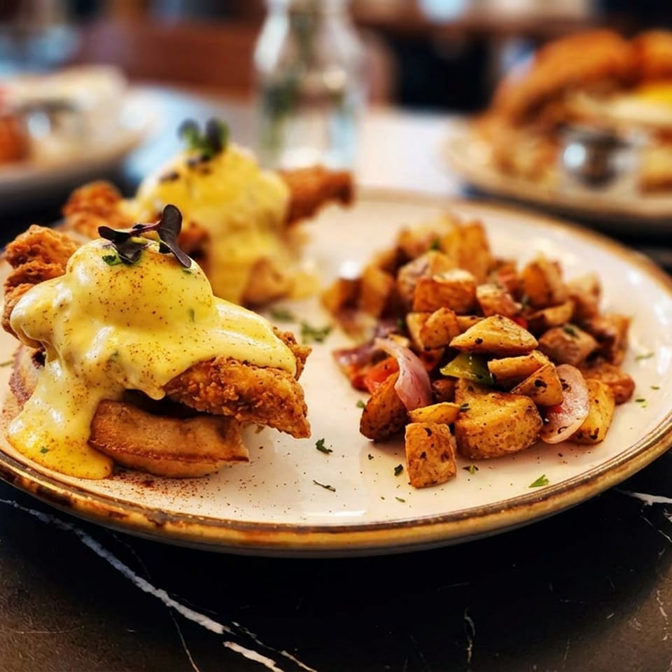 Plated fried chicken sandwich topped with creamy sauce, roasted potatoes, and vegetables on a restaurant table.