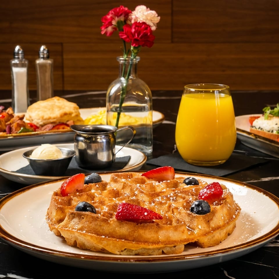 Breakfast spread featuring a berry-topped Belgian waffle, savory plates, orange juice, flowers, and condiments on a marble table.