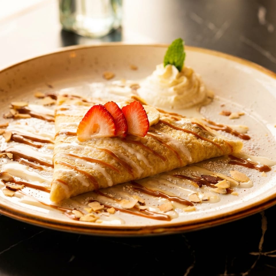 Golden crepe topped with sliced strawberries, whipped cream, caramel drizzle, powdered sugar, and almond flakes on a ceramic plate.