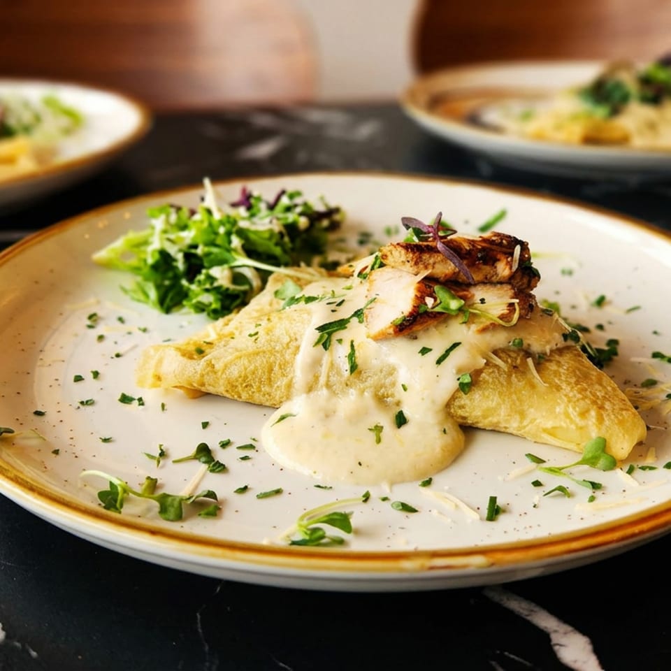 Golden crepes topped with creamy sauce, sautéed mushrooms, and herbs on a ceramic plate, surrounded by other dishes.