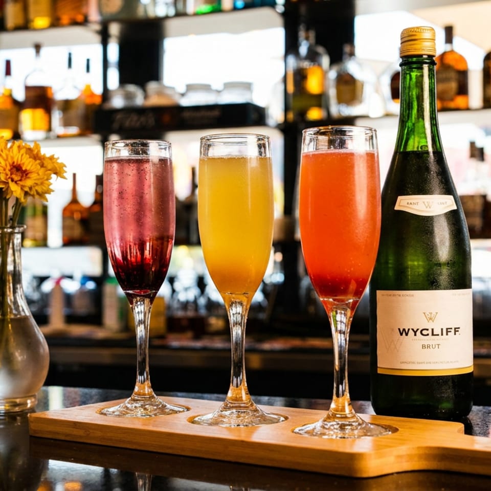 Three colorful sparkling wine cocktails and a Wycliff Brut bottle sit on a wooden bar tray beside yellow flowers.