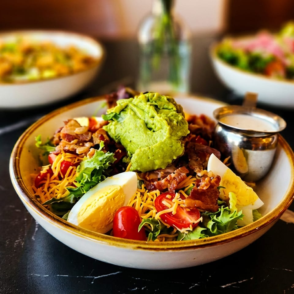 Loaded salad bowl with guacamole, bacon, egg, lettuce, tomatoes, shredded cheese, and creamy dressing on a restaurant table.